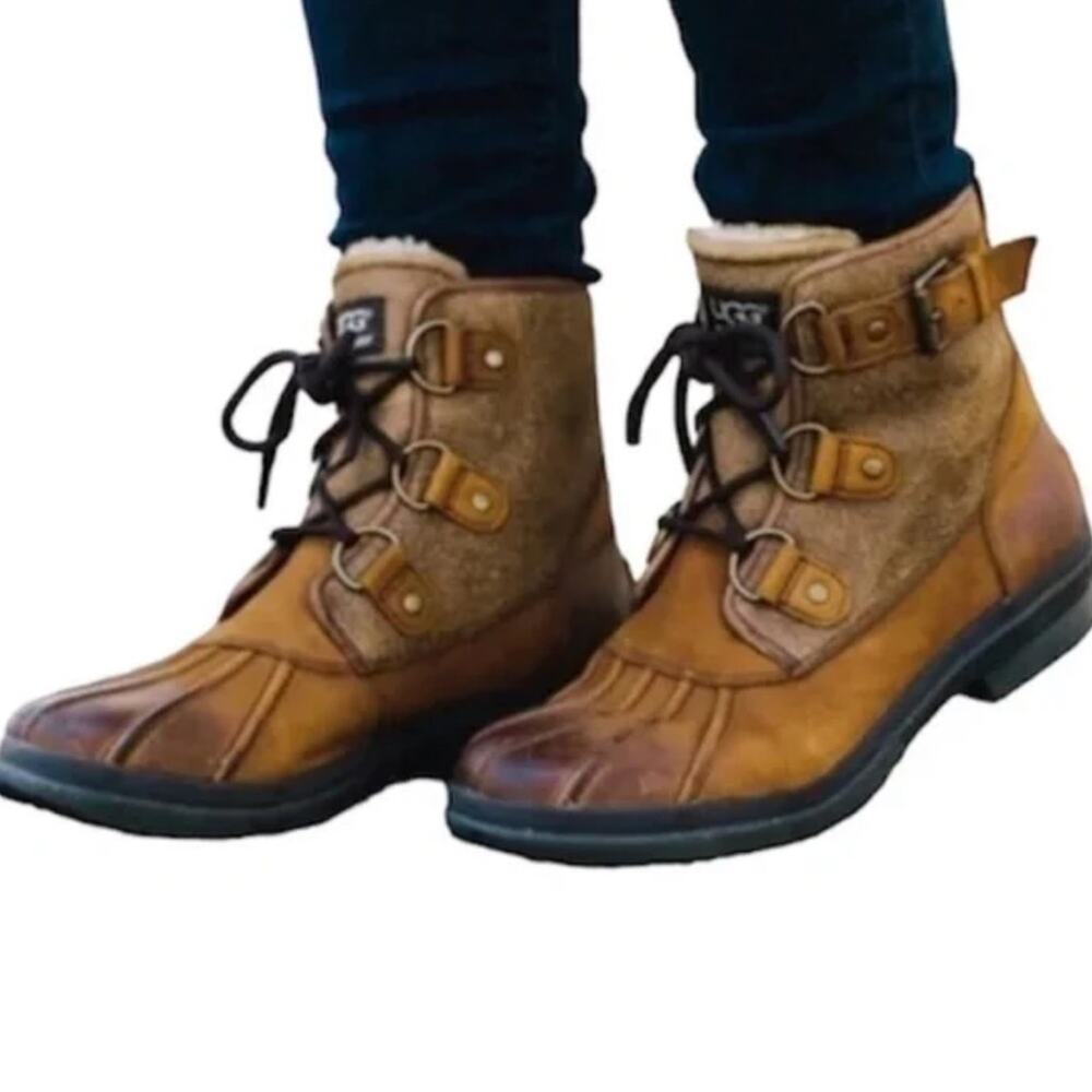UGG Cecile brown suede leather shearling waterproof lace up ankle boots